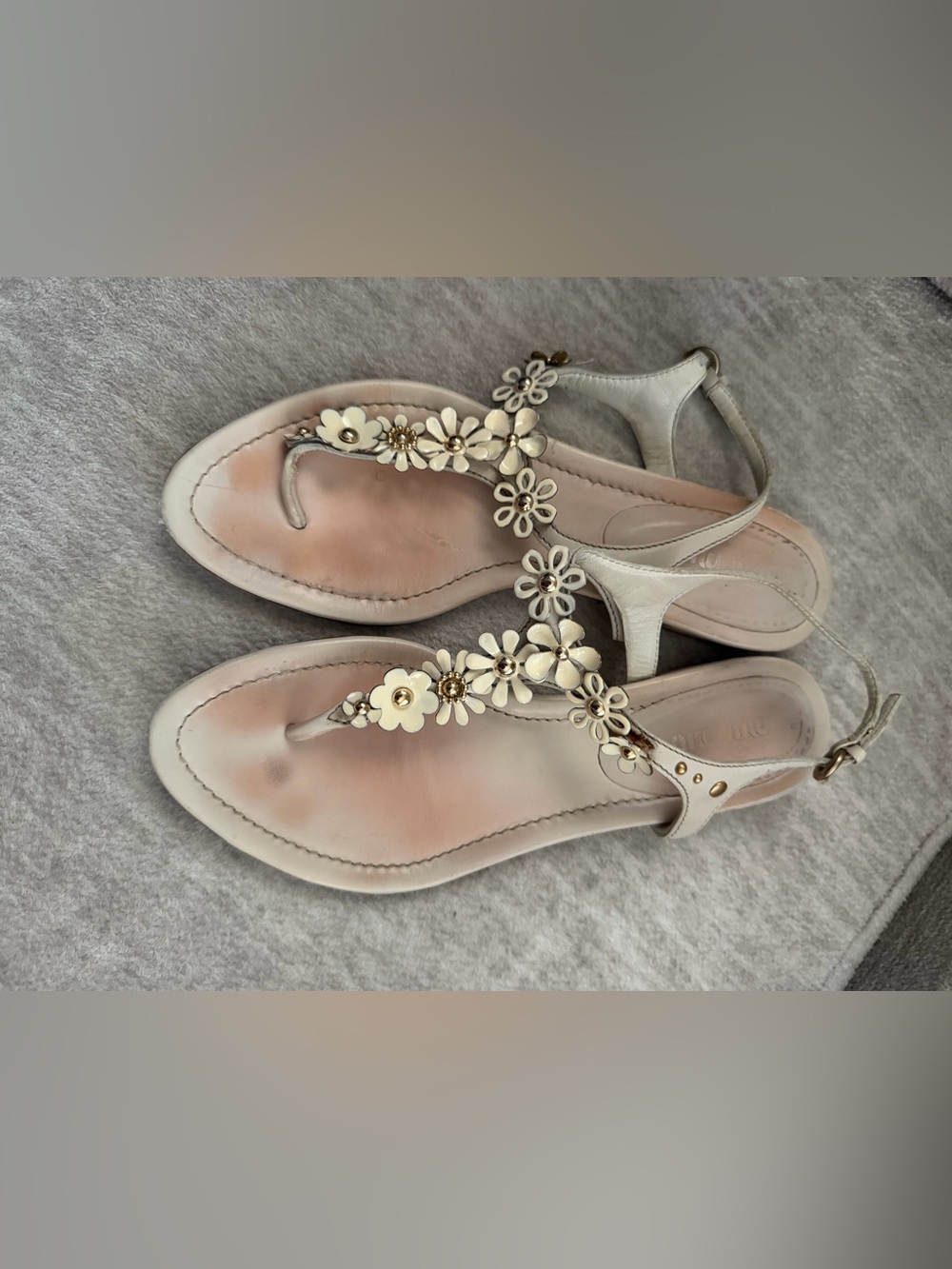 Miu Miu Nude Leather 3D Enamel Floral Accented Thong Sandals Size EU 38